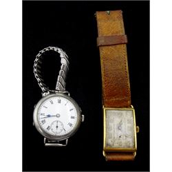 Early-mid 20th century 18ct gold rectangular manual wind wristwatch, stamped 18K, with Helvetia hallmark, on brown leather strap and a silver manual wind wristwatch, case by Stauffer, Son & Co, London import mark 1907