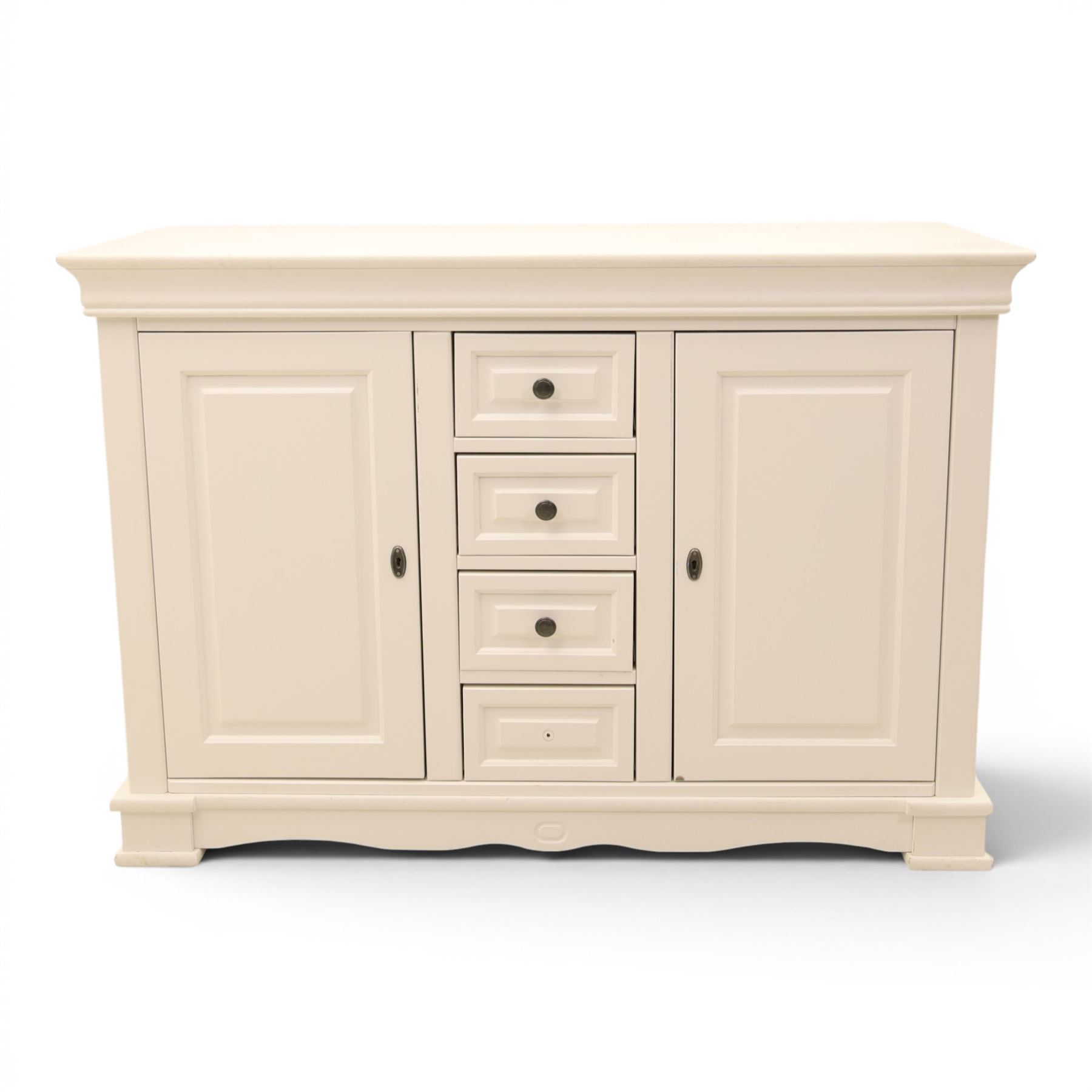Modern large white painted chest of drawers, central bank of four drawers flanked by two lockable cupboards