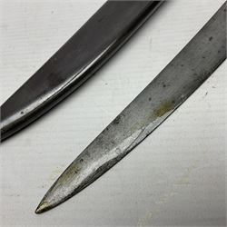 19c French Model 1866 sabre bayonet the 57cm curving blade with armoury mark for 1871; in original scabbard with matching serial no.G5078 L71cm; and a French Model 1886/93/16/35 Lebel bayonet with 52cm cruciform blade; in original scabbard with matching serial no.K12586 L65.5cm overall (2)