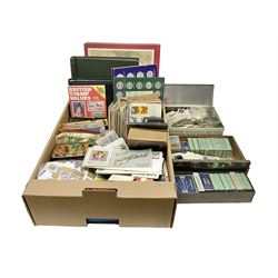 Great British and World stamps, trade cards, ephemera and miscellaneous items, including small number of Queen Elizabeth II mint decimal stamps, Antigua, Ascension, Australia, Australia, Barbados, Basutoland, British Honduras, Canada, Great Britain King George V used seahorses etc, in one box