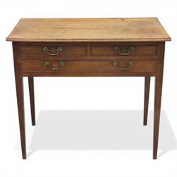 George III oak side table, with rectangular banded top, fitted with two short over three drawers, with brass swan neck handles, raised on square tapering supports