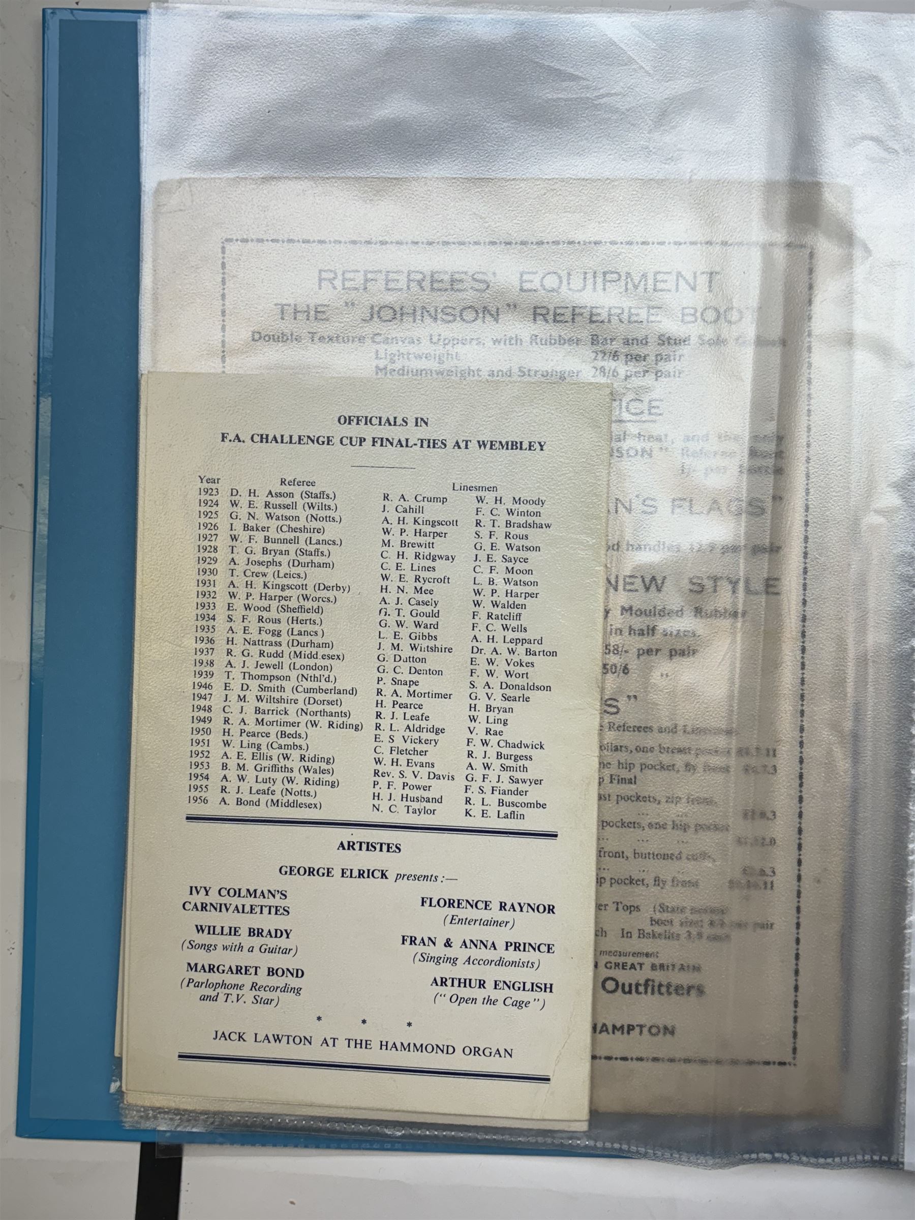 Collection of football memorabilia belonging and relating to the Hull based referee Frank Coultas, including 9ct gold Referee's medal for the 1957 Aston Villa v Manchester United FA Cup Final, inscribed 'The Football Association, F.B Coultas, F.A. Challenge Cup Competition, Final Tie 1957', hallmarked and in original case; the kit worn by him to referee the 1957 FA Cup Final and ephemera relating to the match including photographs, programmes and tickets; together with other football memorabilia collected by Frank Coultas, including programmes, photograph and ticket stubs, with some items relating to the 'Busby Babes'