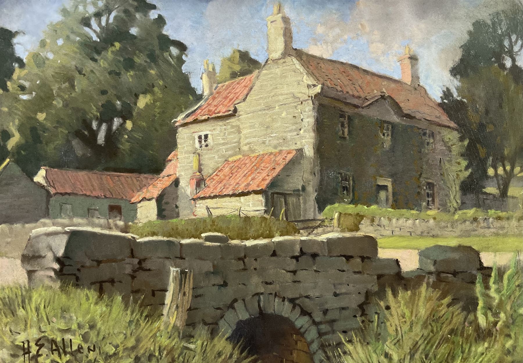 Harry Epworth Allen (Northern British 1894-1958): Stone Farmhouse with Bridge in the Foreground, gouache and pastel signed 23cm x 34cm