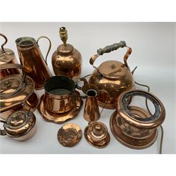 A group of Victorian and later copper, to include kettles, jugs, hammered table lamp base, etc. 