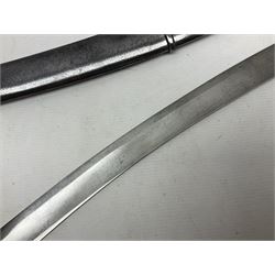 British 1796 Pattern Light Cavalry trooper's sword, the 84cm curving fullered blade stamped Hadley.1 to the back edge, steel hilt with knucklebow, D-shaped langets and leather grip; in polished steel scabbard stamped Osborn & Gunby Birmm. and W.R.16 ( ?16th Light Dragoons) with two suspension rings L100cm overall