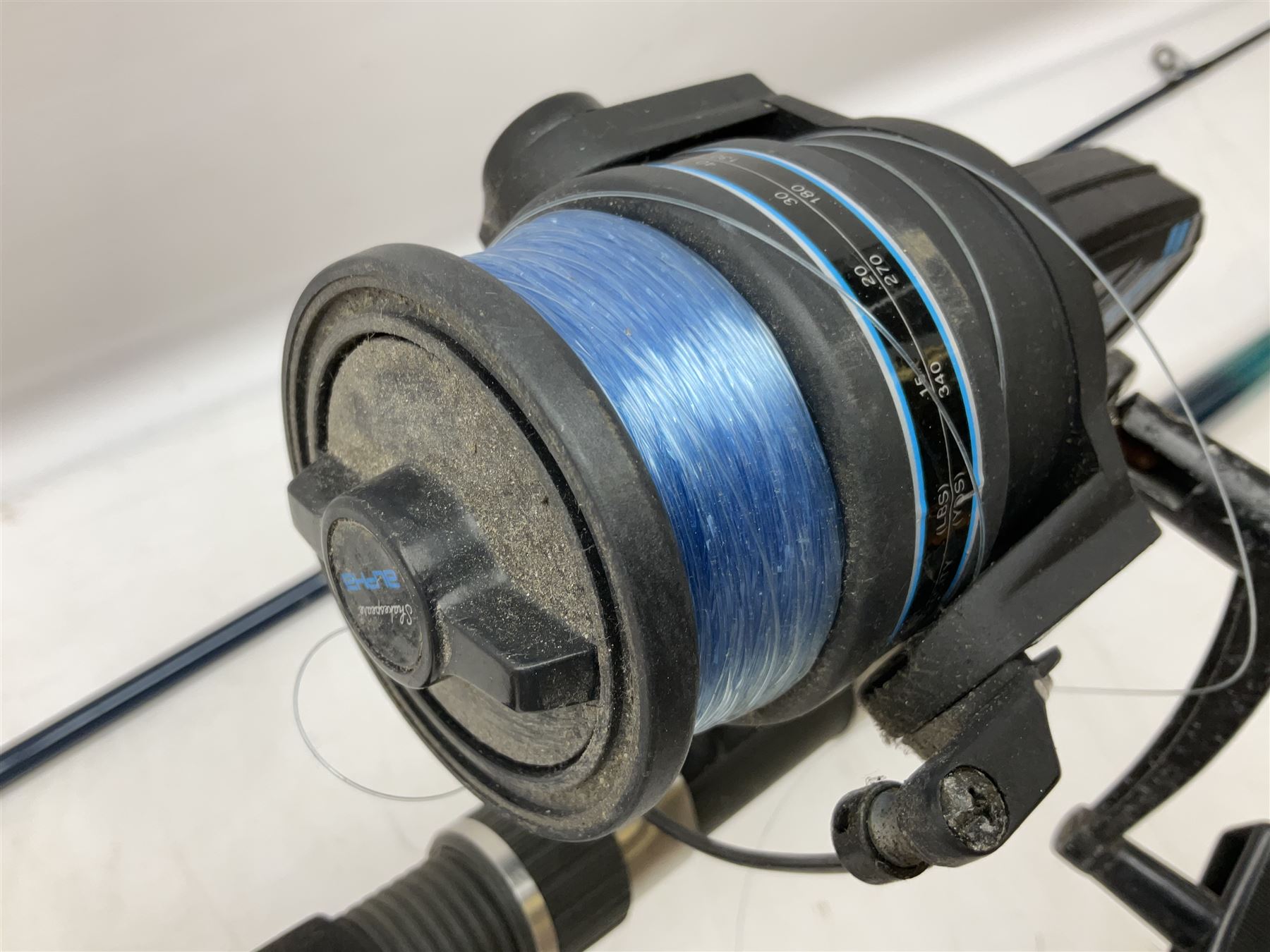 Shakespeare 'Composite Beachcaster 1332-300' 10ft two piece rod with Shakespeare alpha reel, Elastiglas two piece fly rod, Ryobi Masterline carbon fibre 'Pioneer PIF 85 Fly 8' 6