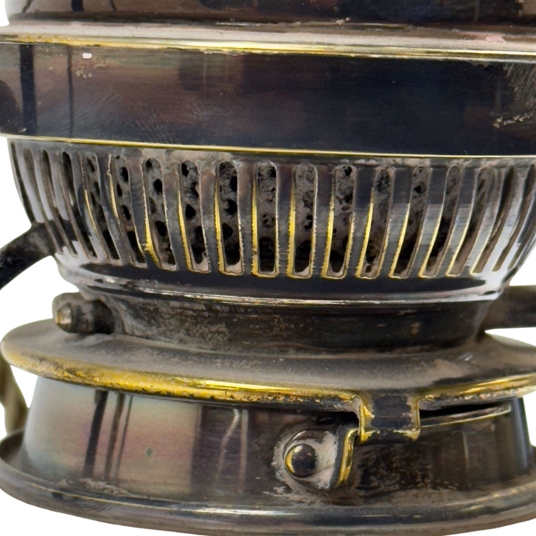 20th century Hinks student's oil lamp, silvered brass stand with faceted glass resovoir and green glass shade, H65cm