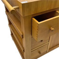 Large contemporary butchers block, rectangular top, fitted with four assorted drawers and double cupboard, on square feet