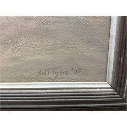 Neil Tyler (British 1945-): Still Life 'Leeks and Eggs', oil on canvas signed and dated '03, 46cm x 64cm
Provenance: exh. Chelsea Art Society, label verso
