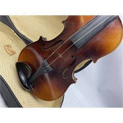 Czechoslovakian violin c1970s with 36cm two-piece maple back and ribs and spruce top, bears retailer's label for 'Leslie Sheppard Burgess Hill Sussex' L59cm overall; in carrying case; together with six violin bows and two cello bows