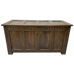 18th century and later oak coffer or chest, rectangular quadruple panelled hinged top, over arcade carved frieze and panelled sides, on stile supports