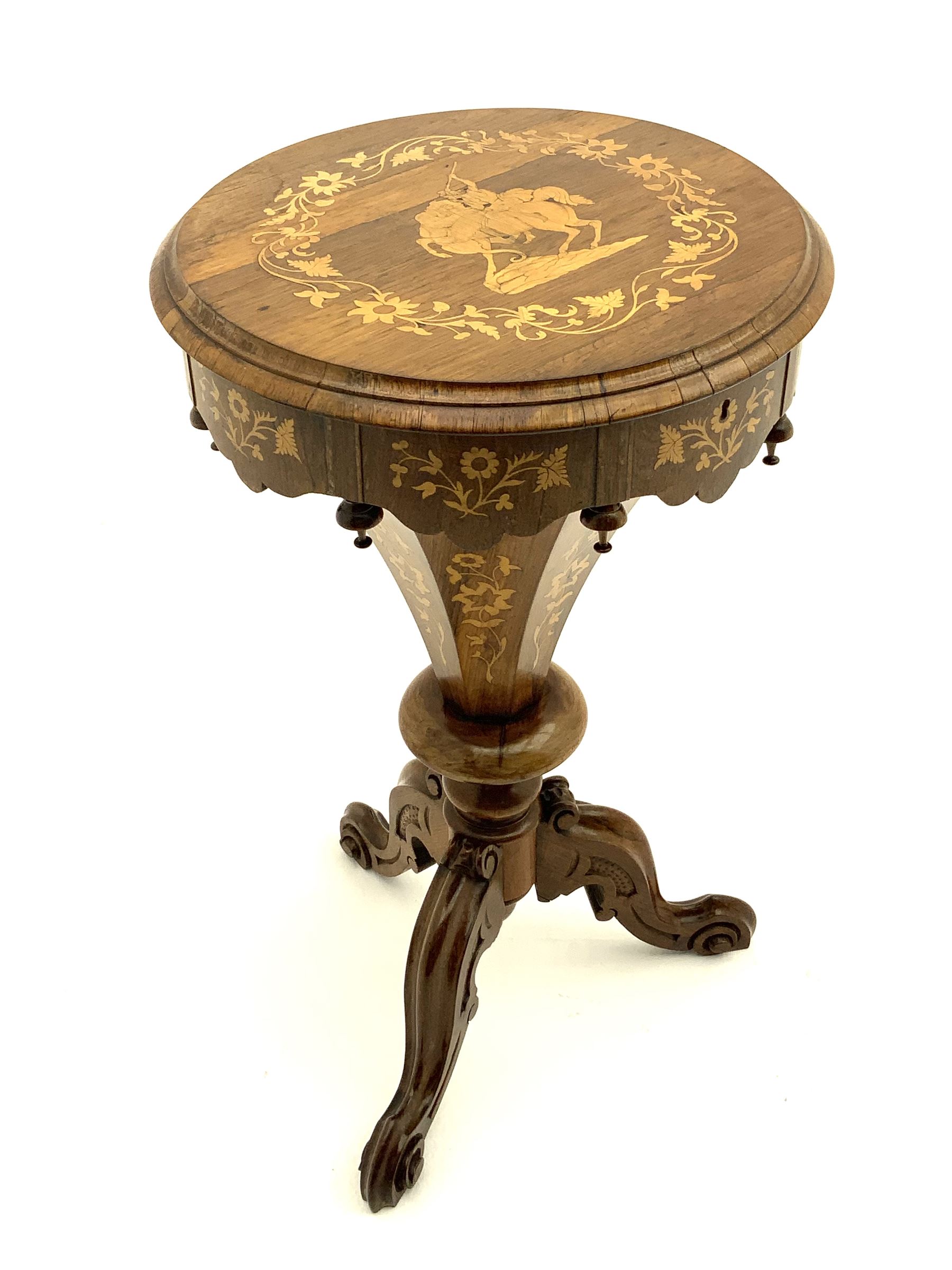 Victorian inlaid rosewood work sewing box, curved trumpet form with circular hinged lid inlaid with warrior woman on horse surrounded by trailing foliate, fitted interior, on scrolled carved splayed supports