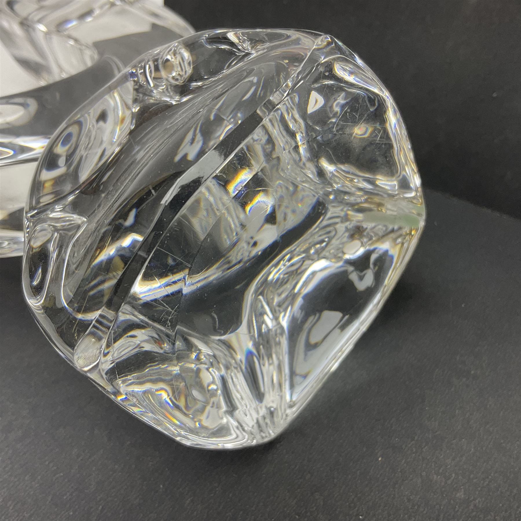 Daum glass two stemmed candle stick signed to verso, together with a pair of slag glass purple candle sticks, Daum H21cm