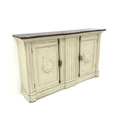  French style cream painted breakfront cabinet, two cupboards, plinth base, W156cm, H91cm, D33cm  