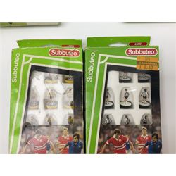 Subbuteo - table football game with plain red and blue teams; looks to be unused in box; six individually boxed additional teams comprising 779 Leeds United 2nd, 770 Manchester United 1993 Premier League Champions, 703 Southampton, 680 Scotland, 287 Notts County/Espinho/Doxa/Grimsby Town and 030 Berwick/East Fife/AEK/Hull City/Lierse; and Corinthian/Tetley Match of the Day Dream Team set of twelve figures on stand