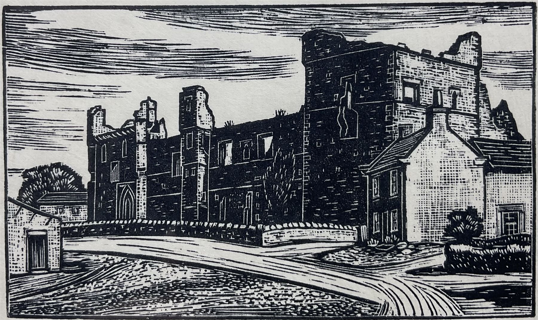 Marie Hartley (Yorkshire 1905-2006): 'Middleham Castle', woodcut signed and titled in pencil 5cm x 9cm 