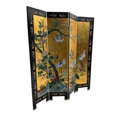 Chinese four panel folding screen, black lacquered with painted decoration