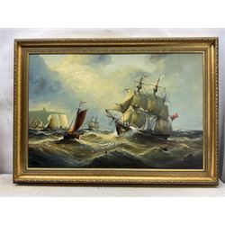 Michael J Whitehand (British 1941-): Shipping Off Scarborough in Heavy Seas, oil on canvas signed 60cm x 90cm