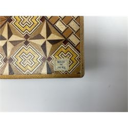 Japanese parquetry puzzle box L12cm; another Japanese puzzle box with marquetry top of Mount Fuji; eleven graduated Chinese figures including immortals; and Chinese figure of a lady standing on a hardwood base next to a horn table (14)