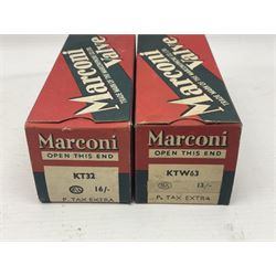 Four Marconi thermionic radio valves/vacuum tubes, comprising MX40, MU14, KTW63 and KT32, boxed, together with three others, to include Ferranti 6K7G valve, boxed, National Union JAN-CNU-6X5G1 and Westing House VU71 I)E/11529 (7)