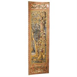 Two 20th century Napoleonic style wall hanging tapestries, with forest and crest designs, larger 216cm x 62cm, smaller 109cm x 81cm