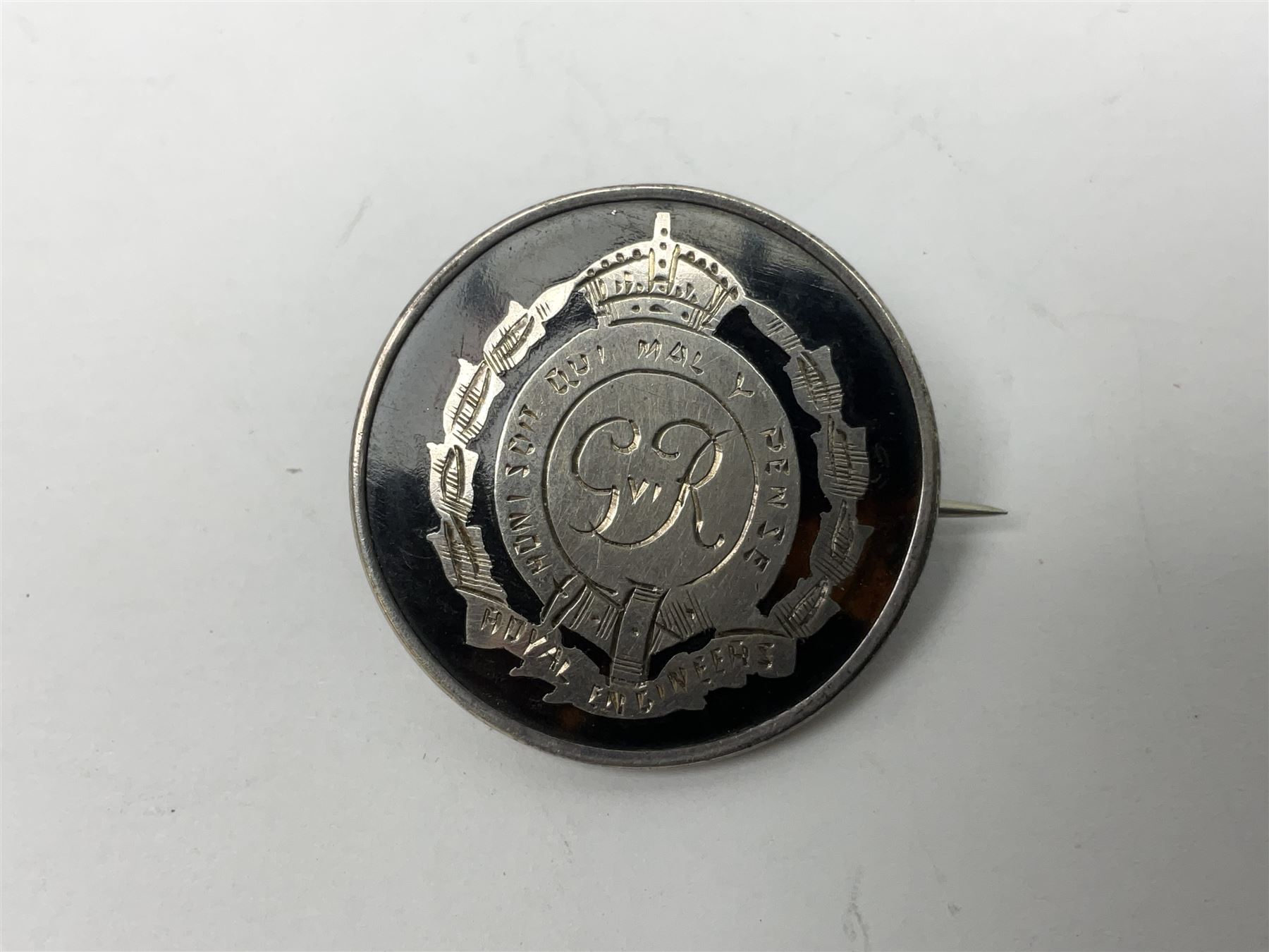 Five silver sweetheart brooches - Royal Artillery with marcasite, Naval with marcasite, George VI Royal Engineers with tortoiseshell, Royal Marines Gibraltar with enamel and South African General Service with blue enamel (5)