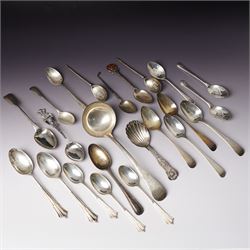 Quantity of assorted silver cutlery including sauce ladle, Victorian caddy spoon, various ...
