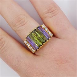 18ct gold purple and green paste stone set ring, with white paste stone sides, stamped 750