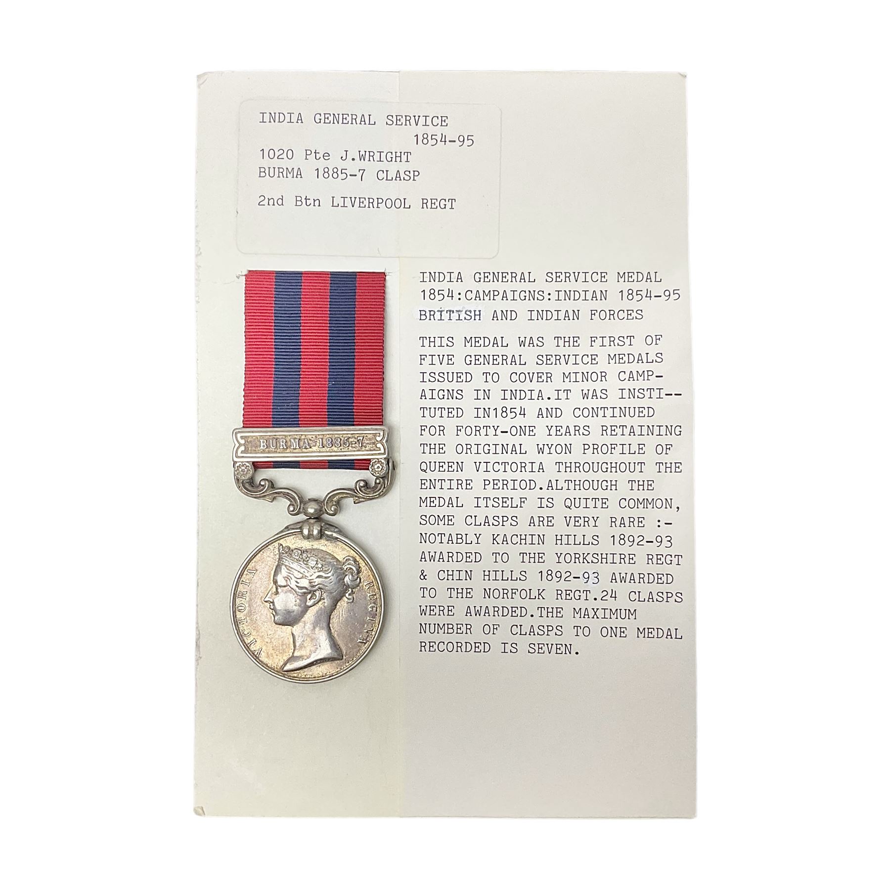 Victoria India General Service Medal 1854-95 with Burma 1885-7 clasp awarded to 1020 Pte. J. Wright 2nd Btn. Liverpool Regiment; with ribbon