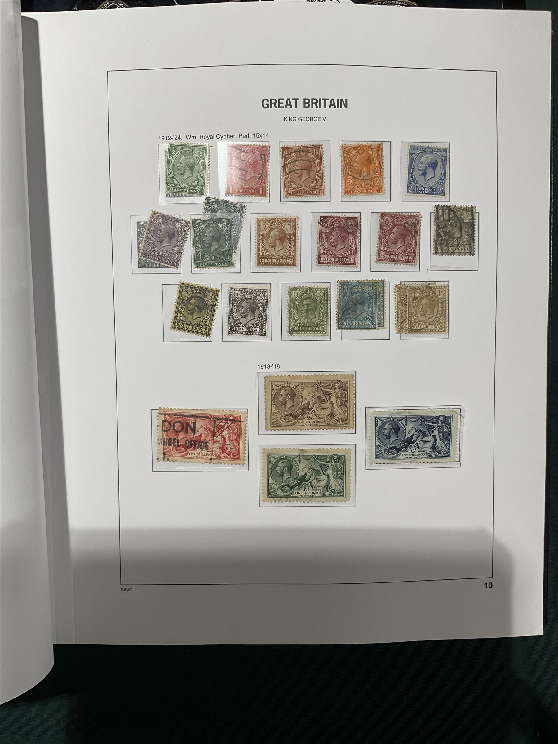 Extensive single album collection of Great British Queen Victoria and later stamps, including QV penny black with three margins, 1840 two pence blue, perf two pence blues with white lines added, QV one pound brown lilac, QV one pound green, King George V seahorses, 1929 Postal Union Congress one pound black, King George VI 1939-48 set of six with ten shillings dark blue, Queen Elizabeth II pre-decimal issues, housed in a Stanley Gibbons Great Britain 2001 album, a well presented collection with few ommissions