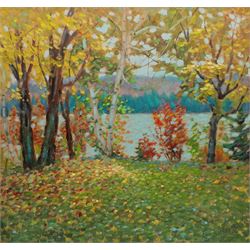 Canadian School (20th century): River Scene Through Trees, oil on board indistinctly signed 51cm x 53cm