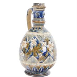 Doulton Lambeth ewer with silver collar, hallmarked, by Elizabeth Sayers, decorated with a central panel of flowers, H25cm