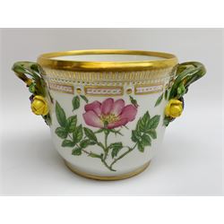 Royal Copenhagen Flora Danica wine cooler, with naturalistically modelled vine handles encrusted with flowers, the exterior decorated with botanical studies, of 'Rosa tomentosa Lm' and 'Taraxacum phymatocarpum J Vahl', and a gilt border, with printed and painted marks beneath, H12cm not including handles D12cm
