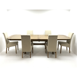  Light oak dining table, extending pull out action top with rounded corners, two fold out leaves, on curved x-shaped supports connected by pegged stretcher (100cm x 180cm (closed) - 280cm (extended)), and set six high back upholstered dining chairs   