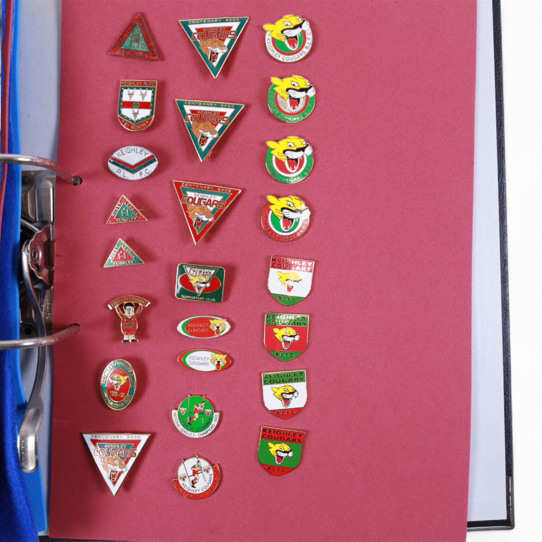 Rugby league enamel badge collection, from Oldham, Rochdale Hornets, St Helens, Salford, Sheffield Eagles, Huddersfield Giants, Hull FC, Hunslet and Keighley Cougars, housed in two folders, (approximately 330)