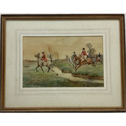 Thomas Ivester Lloyd (British 1832-1942): 'The Brook' - the Hunt clearing a Stream, watercolour signed, original titled mount verso 21cm x 34cm