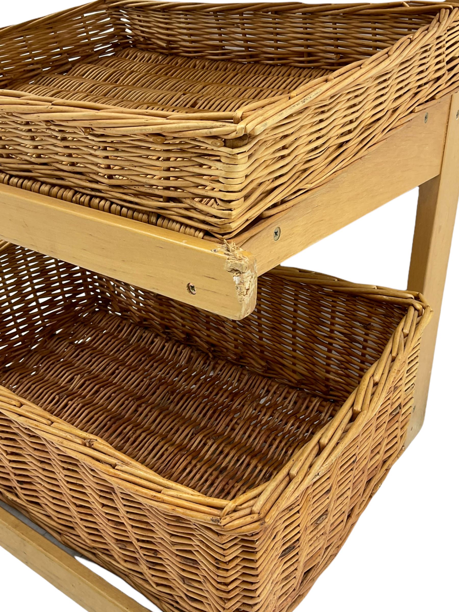 Gadsby beech four tier shop display stand, with wicker baskets