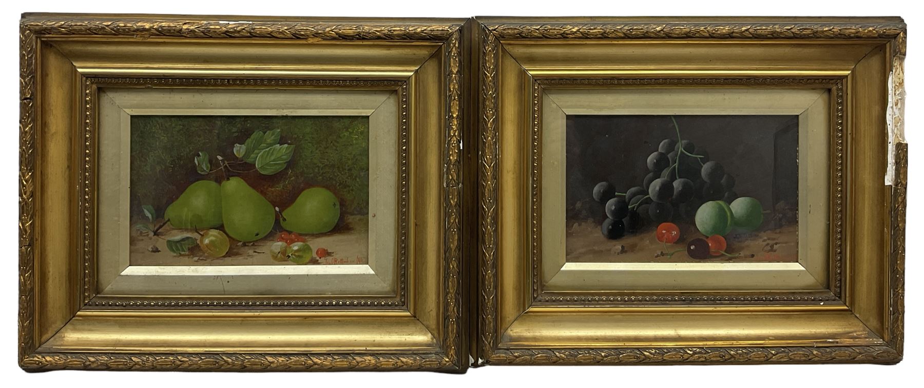 J O Rattenbury (British mid 20th century): Still Life of Pears and other Fruit, pair oils on board signed and dated 195*, 14cm x 22cm (2)