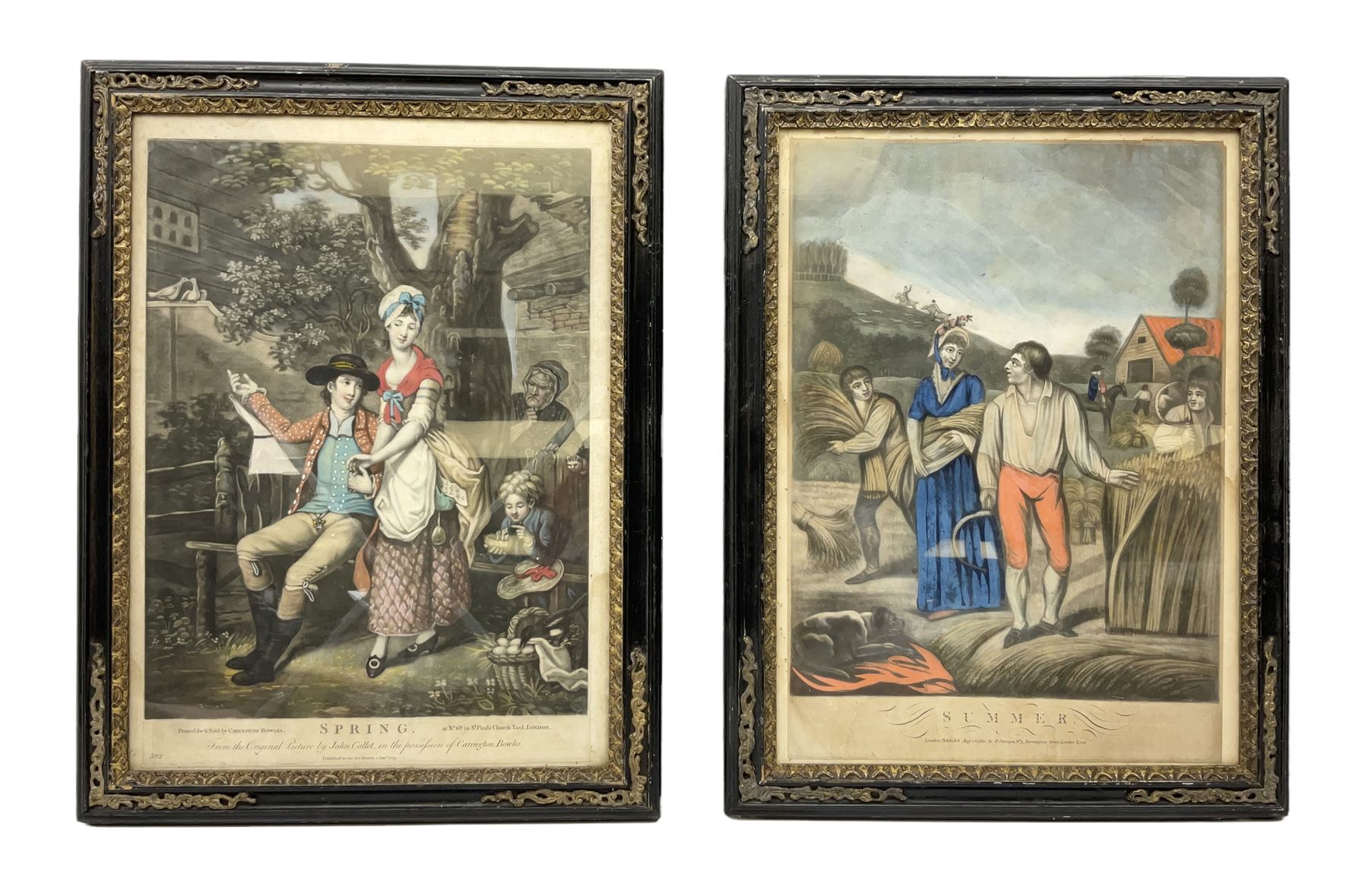 After John Collet (British 1725-1780): 'Spring' and 'Summer', pair mezzotints with hand colouring pub. 1779 and 1800, respectively 36cm x 25cm (2)