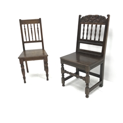 Victorian oak hall chair, carved cresting rail, solid seat (W49cm) and another similar chair (2)