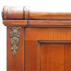And So To Bed - cherrywood 6' super king 'Nathalie' bed, the panelled headboard and footboard with cylindrical rolled rails, decorative brass mounts to the corners, on square supports with cream and black edged fabric covered base panels 