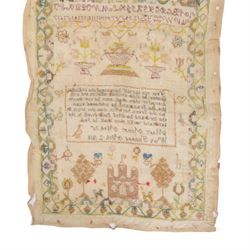 Early 19th century sampler worked by Mary Audley aged 15 years dated 1818, depicting alphabet and numbers above a religious passage, bordered by animals, buildings and insects, unframed, H45cm