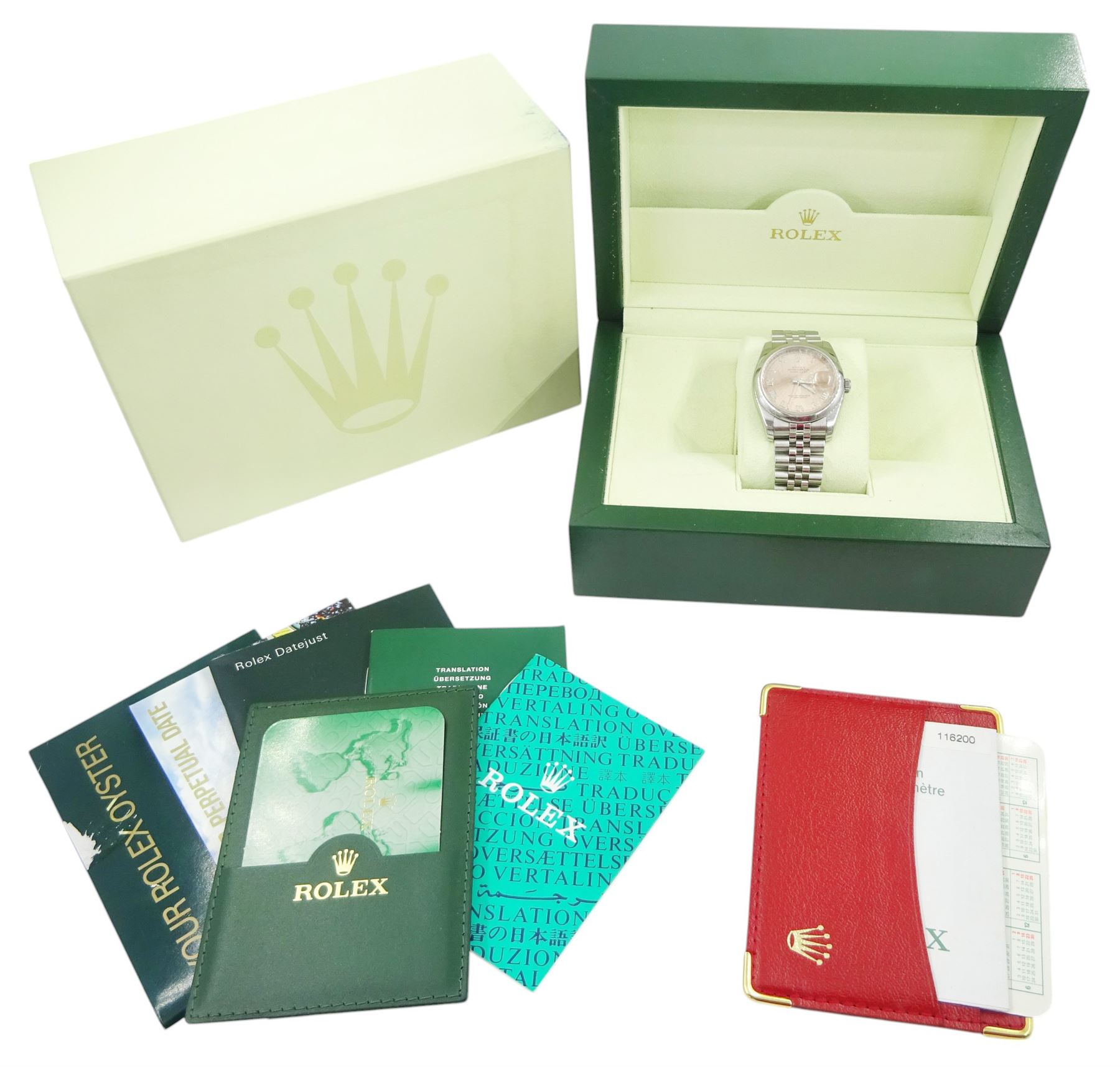 Rolex Oyster Perpetual Datejust gentleman's stainless steel automatic wristwatch, circa 2006 / 2007, Ref. 116200, serial No. Z407519, salmon pink dial with Roman numerals, on Rolex Jubilee bracelet with fold-over clasp, boxed with papers