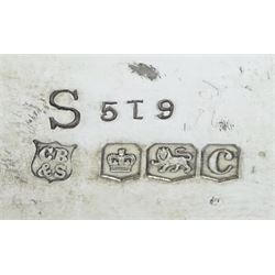 Raich Carter - presentation hallmarked silver two-handled tray of rounded oblong form with gadrooned rim by Wilson & Gill, 139 Regent Street, London, inscribed to the centre 'Presented to Mr. & Mrs. Raich Carter by the Lord Mayor of the City and County of Kingston-upon-Hull Alderman R.E. Smith J.P. on May 30th 1952on behalf of the many Admirers who subscribed to The Lord Mayor's Testimonial Fund in recognition of Raich Carter's genius as a footballer and his services to the City', London 1937 82oz L61cm; together with a hallmarked silver four-piece tea and coffee set by Cooper Bros. & Sons Ltd, the teapot of London shape with ebonised handle and knop, each piece engraved with an initial 'C', Sheffield 1920  60.5oz, teapot L29.5cm