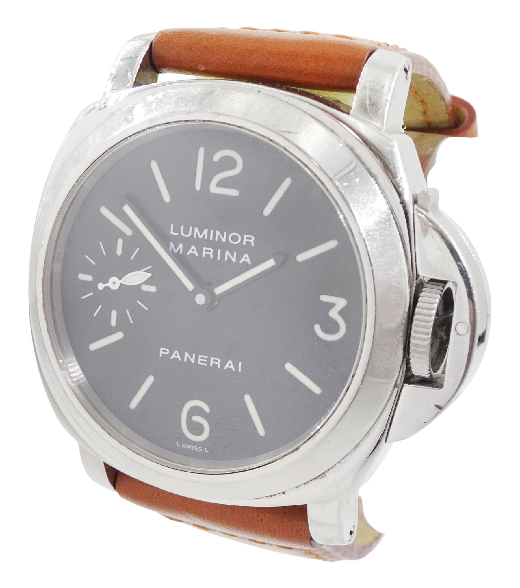Panerai Luminor Marina gentleman's stainless steel manual wind wristwatch, Ref. OP 6518, limited edition No. 0213/3000, black dial with luminous Arabic and baton hour markers and subsidiary seconds dial at 9 o'clock, on original tan leather strap with addition brown leather strap, boxed with guarantee card dated 2000