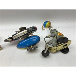Six large modern Chinese/Japanese tin-plate toys comprising elephant ball juggler on tricycle, combination motorcyclist, American aircraft, tank, parrot and pecking bird; all unboxed (6)