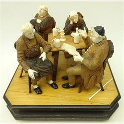  19th century European carved wood and ivory group of four figures around a Tavern table on rectangular ebonised base, 21cm x 20cm   