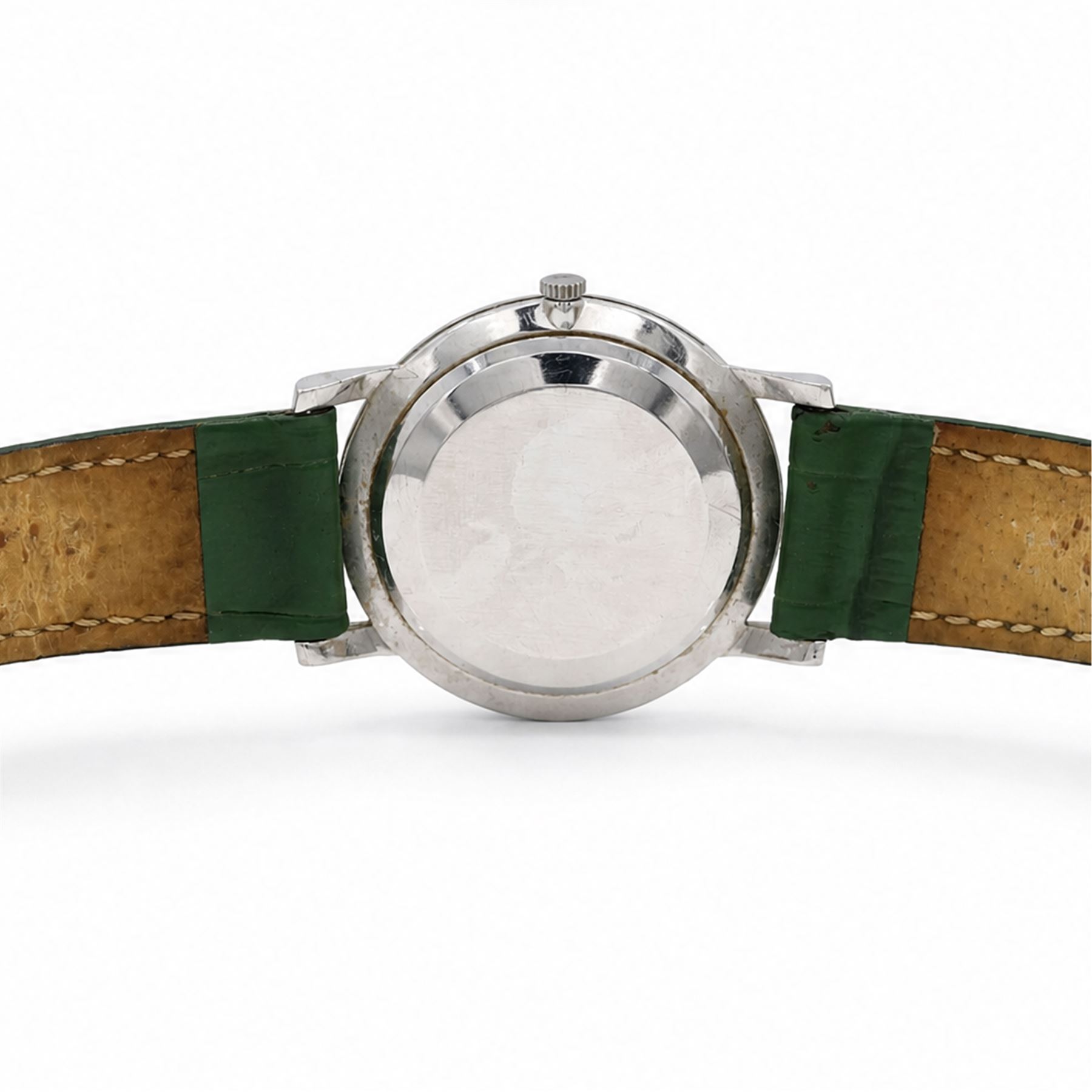 Omega gentleman's stainless steel manual wind wristwatch, silvered dial with baton and Arabic hour markers, on green leather strap