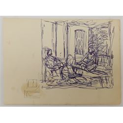 Roland Batchelor RWS (British 1889-1990): Figure Studies, two pairs pen and ink sketches signed in pencil 22cm x 20cm and 18cm x 25cm; Charles James McCall (British 1907-1989): Interior Study, pen and ink unsigned 13cm x 18cm (5) 
Provenance: McCall with the artist's estate