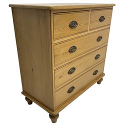 Waxed pine chest, fitted with two short and three long drawers